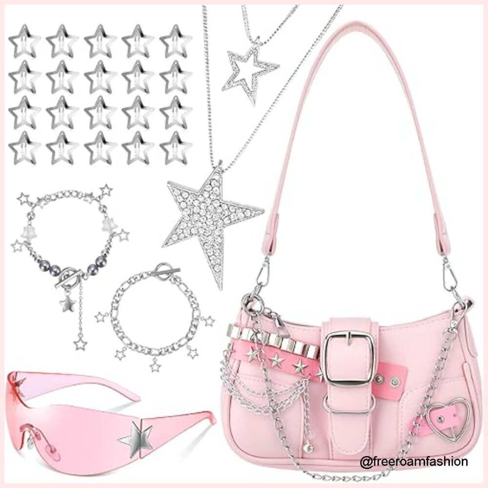 Y2K Star Silver Jewelry Set with Shoulder Bag Sunglasses Hair Clips
